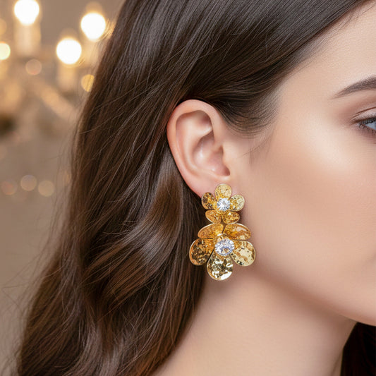 Golden Flower Crystal Studs Earrings jewellery product view 2