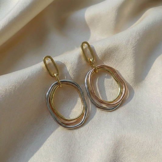 Tri-Tone Layered Oval Statement Earrings jewellery product view 2