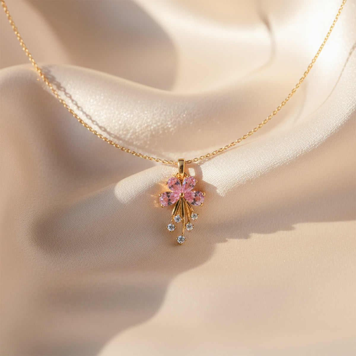 Dainty Pink Flower Gold Necklace jewellery product view 1