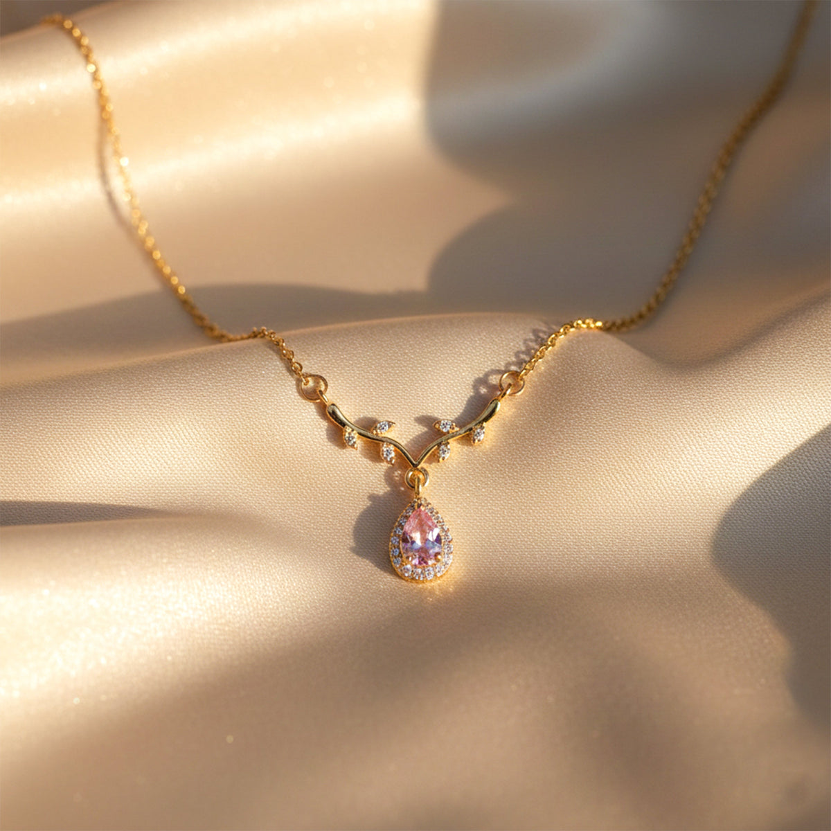 Rose Crystal Teardrop Gold Necklace jewellery product view 2