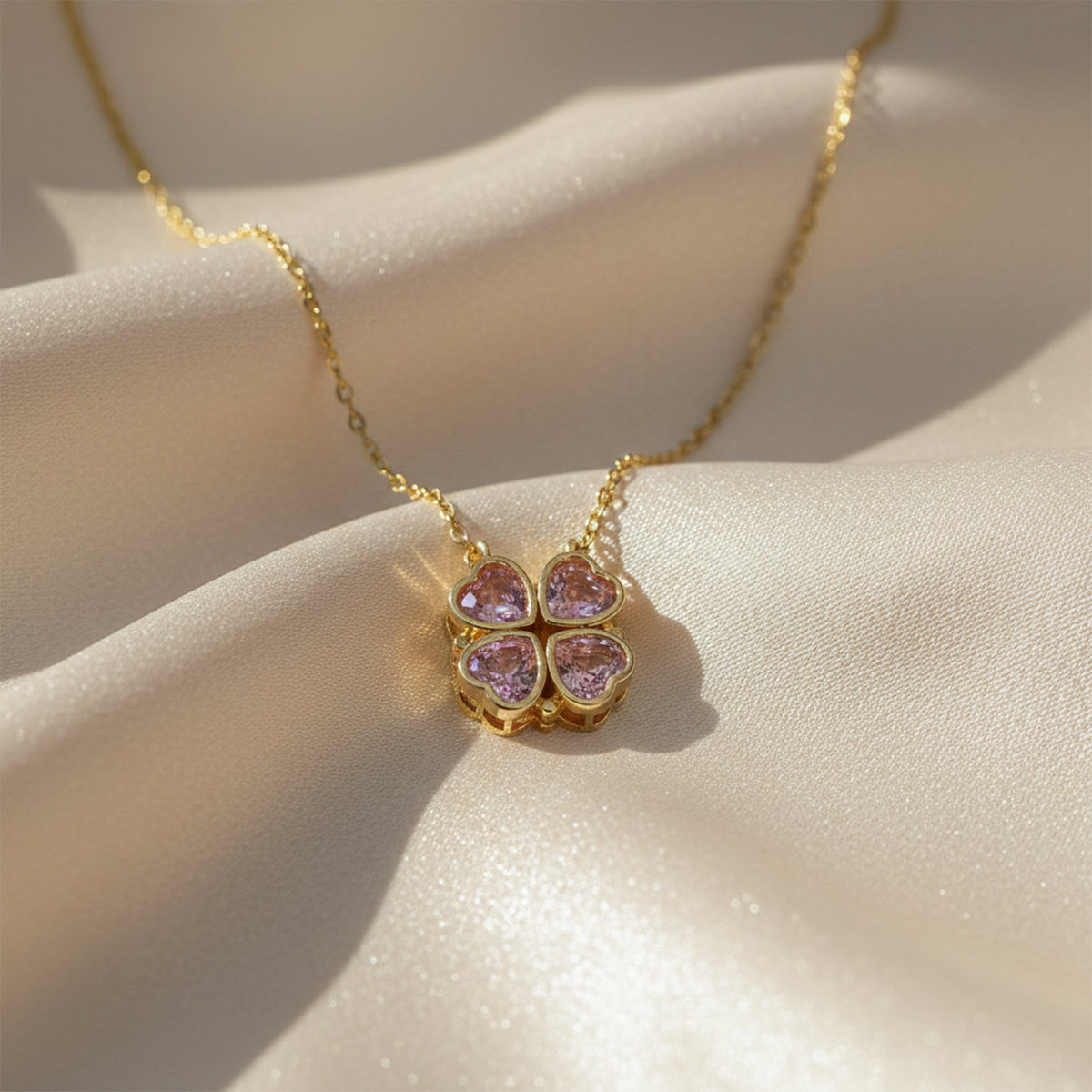Pink Heart Clover Gold Pendant Necklace jewellery product view 1