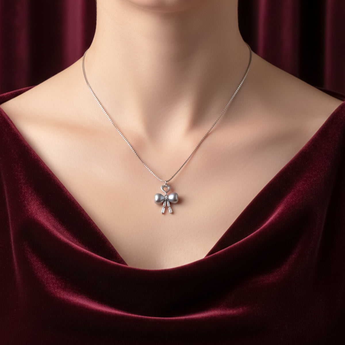 Elegant Silver Heart & Pearl Bow Necklace jewellery product view 3