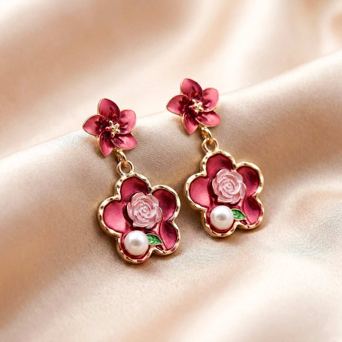 Rose Charm Pearl Drops Earrings jewellery product view 1