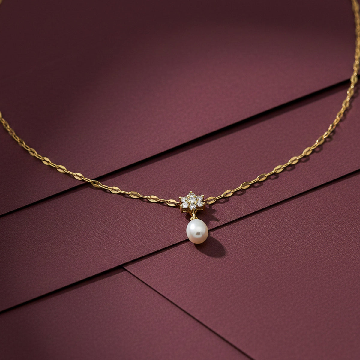 Floral Diamond Pearl Drop Gold Necklace jewellery product view 1