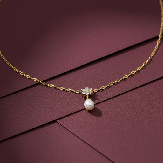 Floral Diamond Pearl Drop Gold Necklace jewellery product view 1