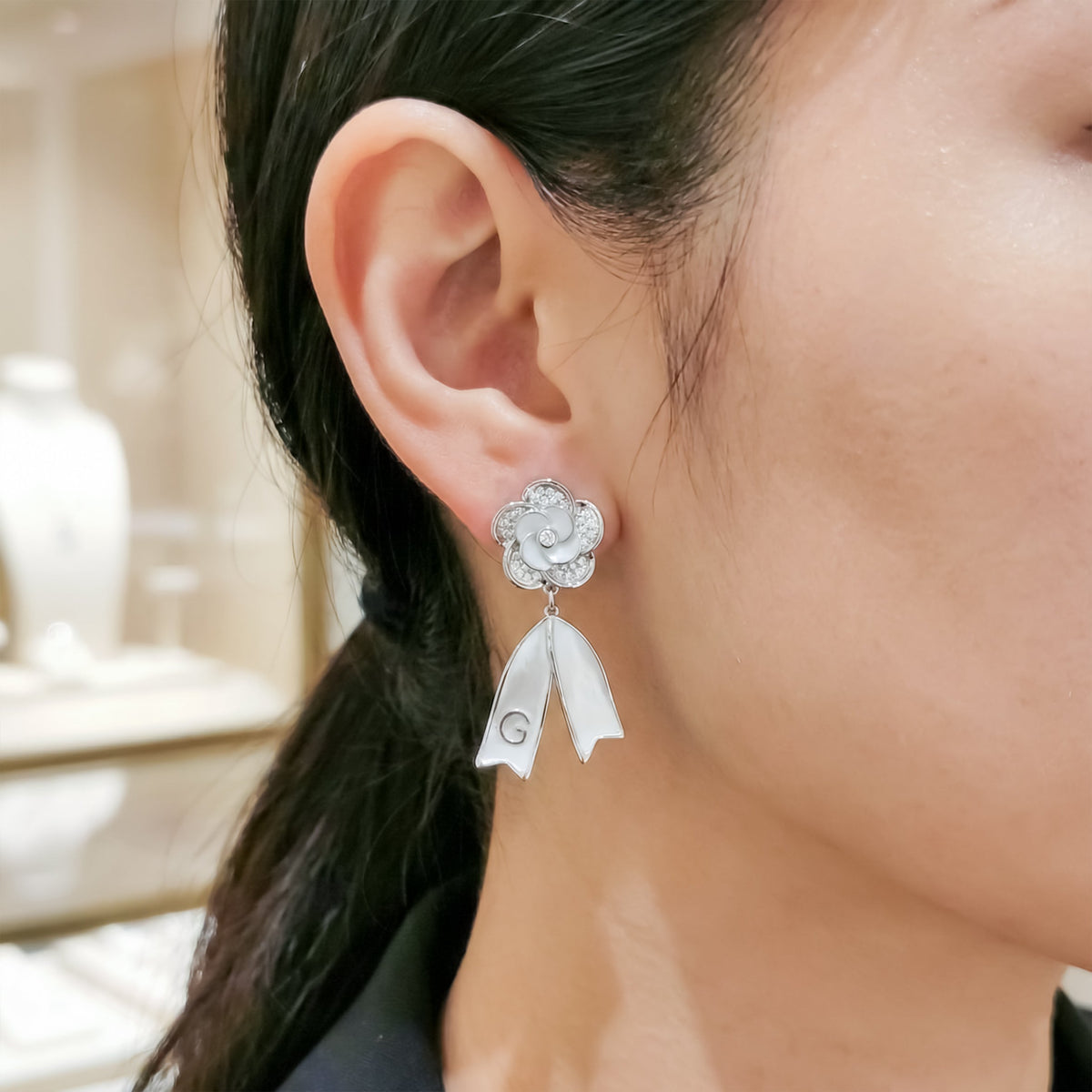 Camellia Flower Pearl Dangle Earrings jewellery product view 2