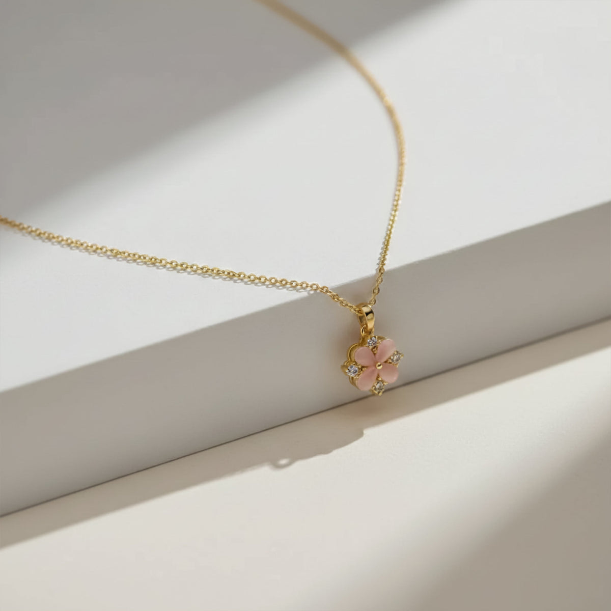 Delicate Pink Floral Charm Gold Necklace jewellery product view 6