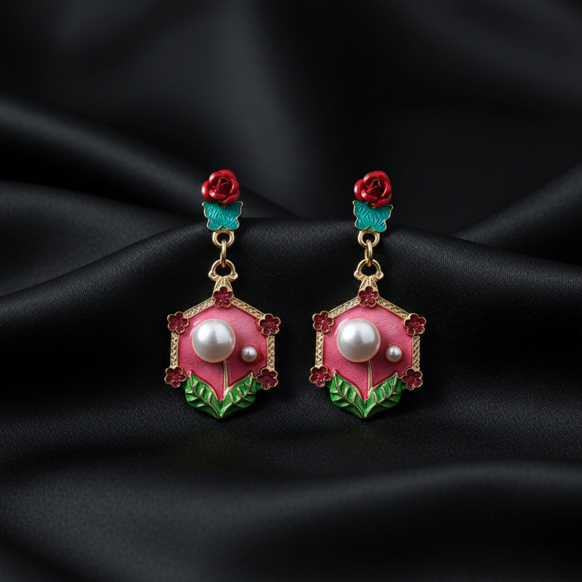 Rose Pearl Hexa Drops Earrings jewellery product view 4
