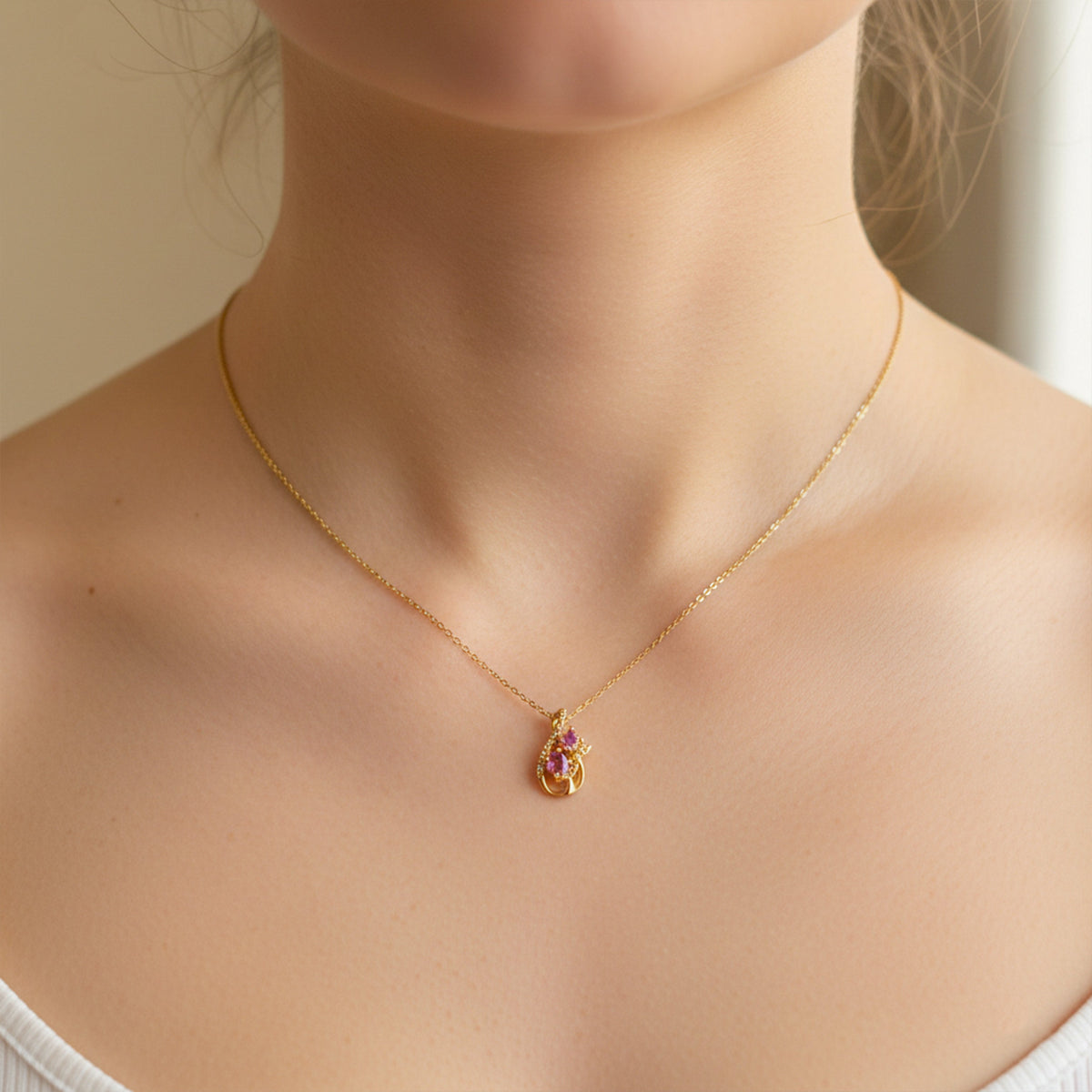 Shiny Pink Floral Gold Chain Necklace jewellery product view 1