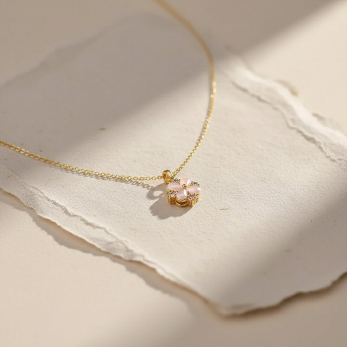 Delicate Pink Floral Charm Gold Necklace jewellery product view 4