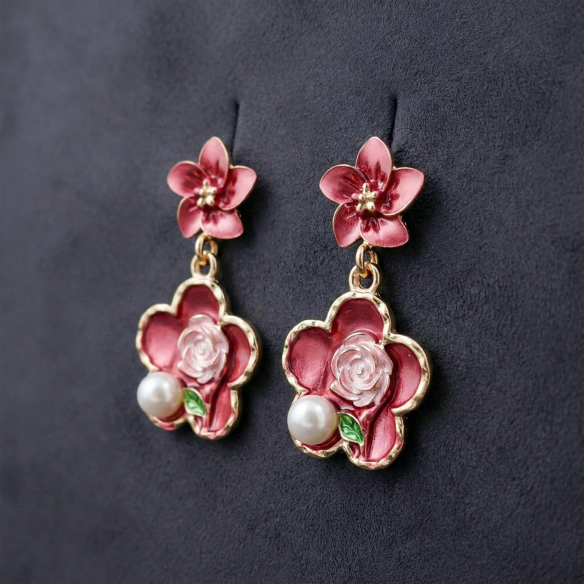 Rose Charm Pearl Drops Earrings jewellery product view 3