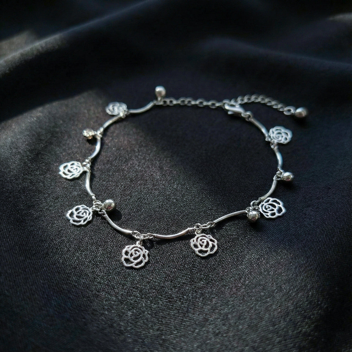 Silver Flower Charm Anklet with Beads jewellery product view 2