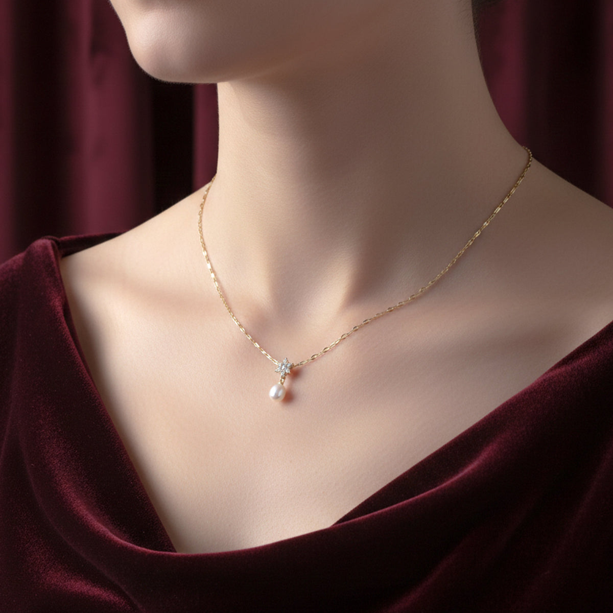 Floral Diamond Pearl Drop Gold Necklace jewellery product view 3