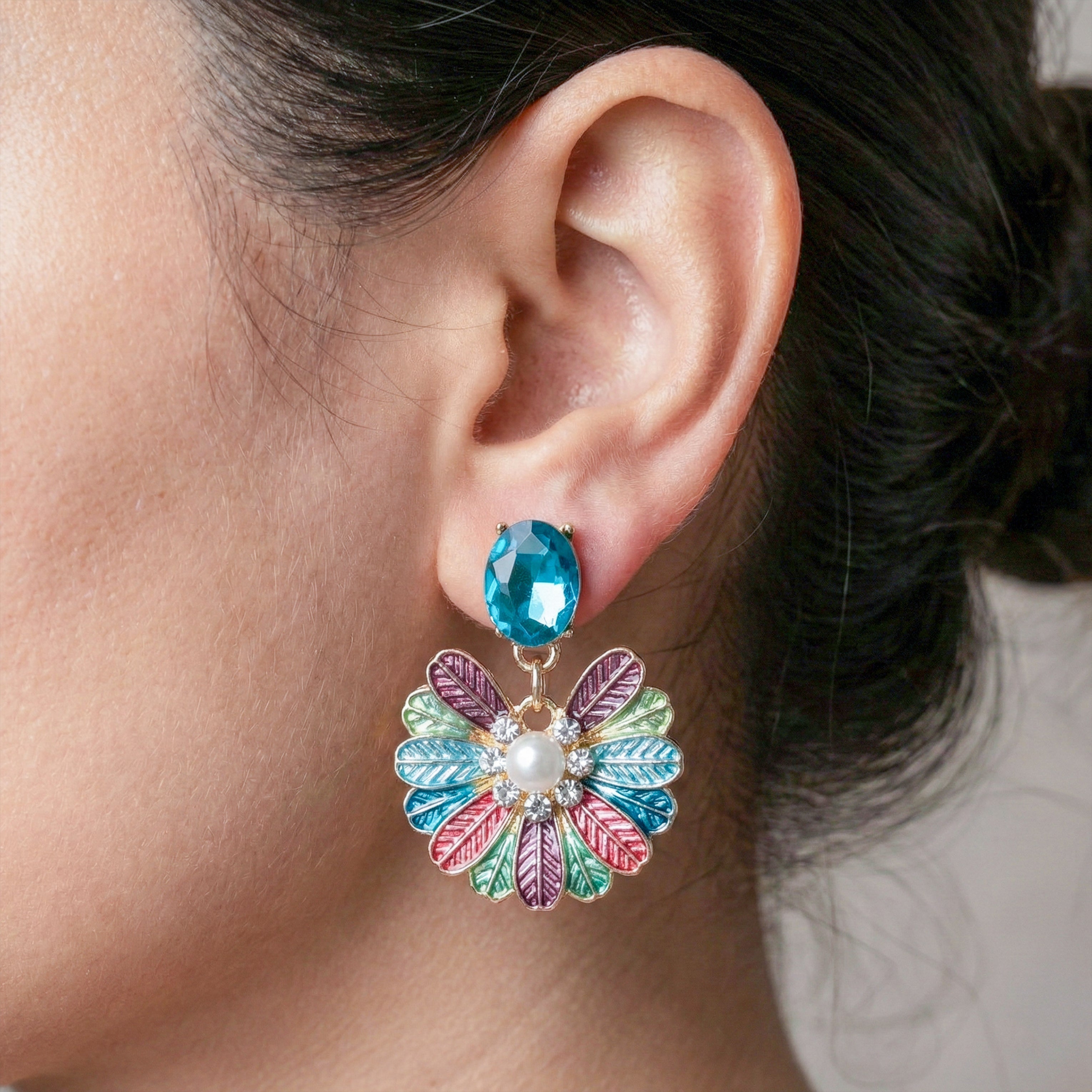 Aqua Bloom Pearl Drop Earrings jewellery product view 2