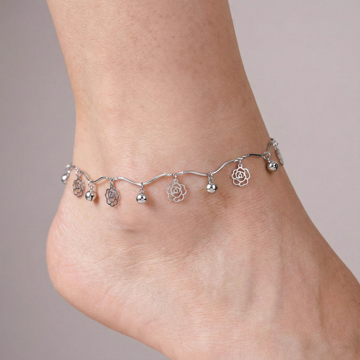 Silver Flower Charm Anklet with Beads jewellery product view 3