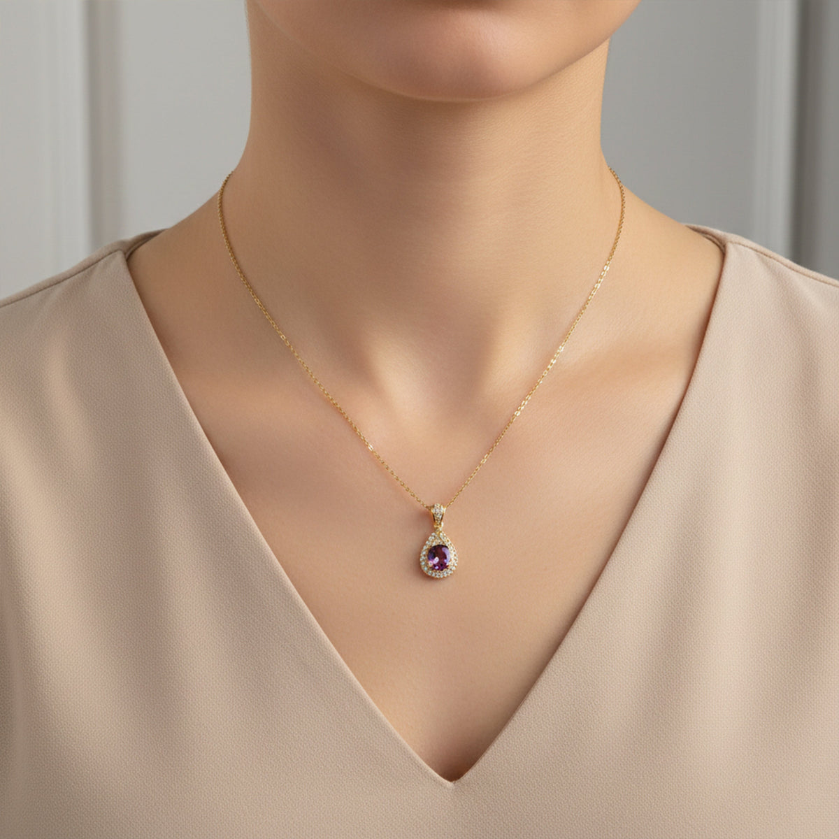 Purple Teardrop Gemstone Gold Pendant Necklace jewellery product view 3