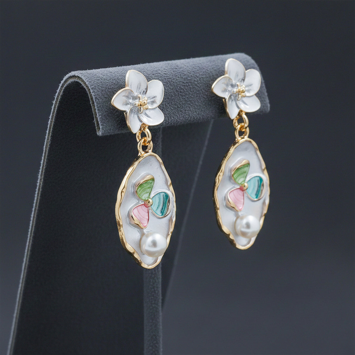 Blossom Pearl Enamel Drop Earrings jewellery product view 2