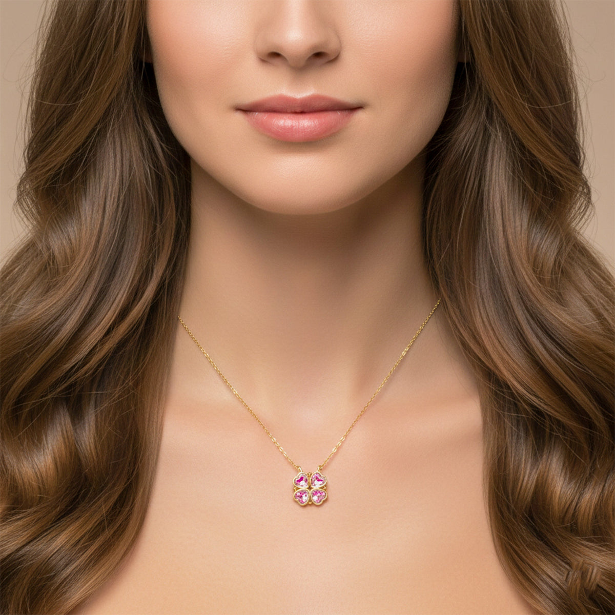 Pink Heart Clover Gold Pendant Necklace jewellery product view 2