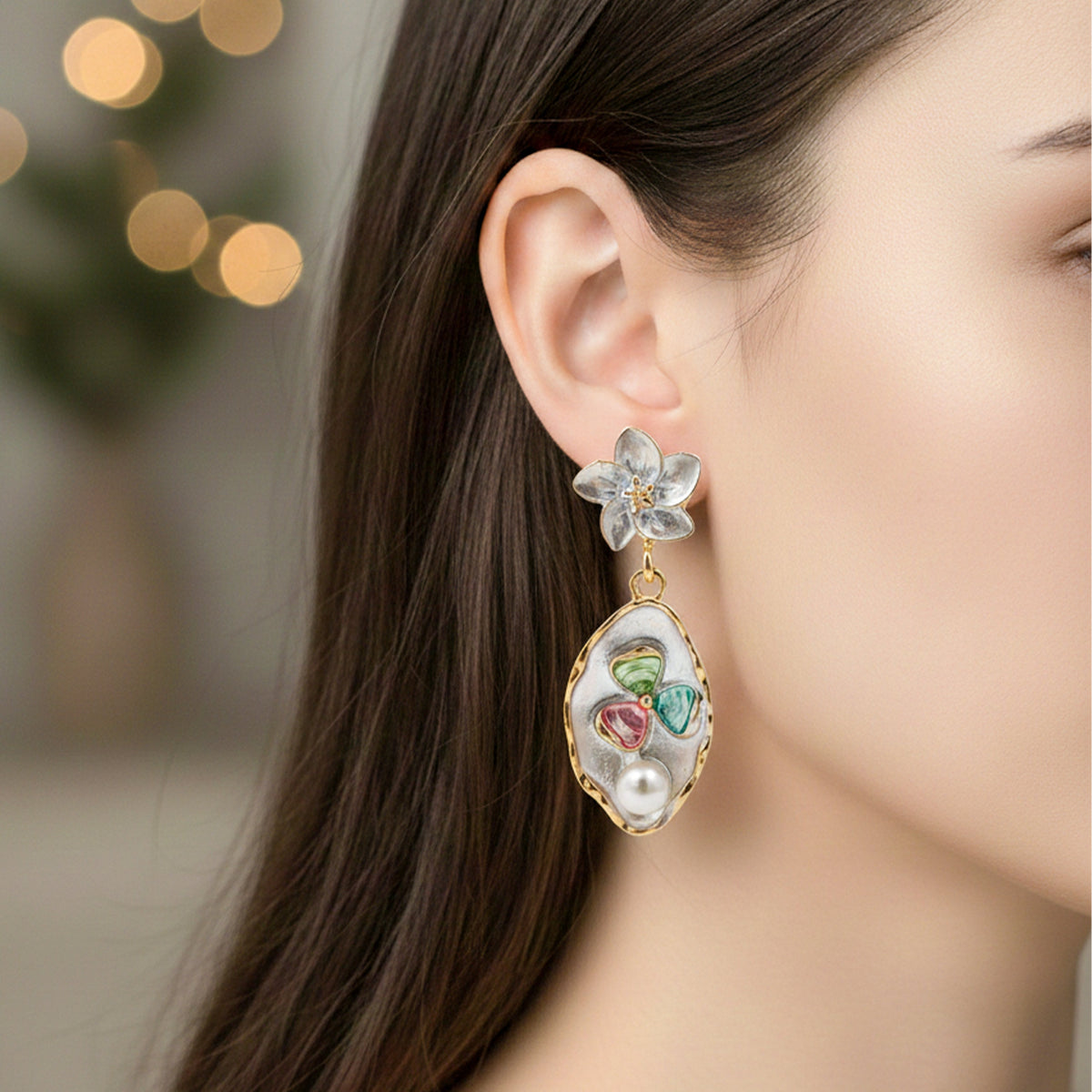 Blossom Pearl Enamel Drop Earrings jewellery product view 3