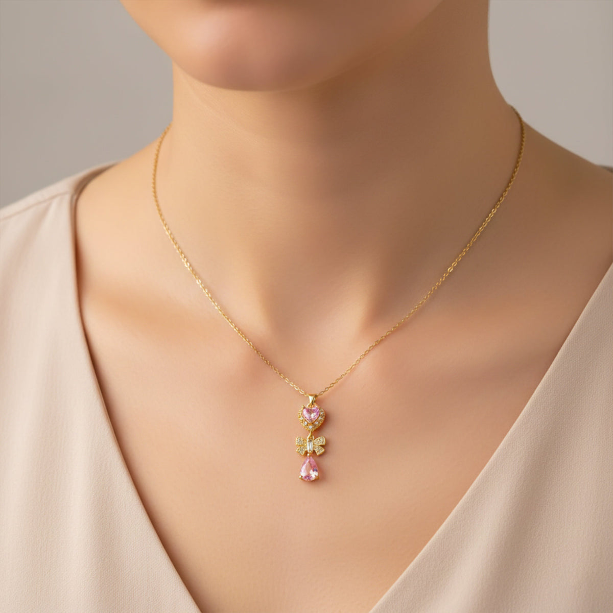 Delicate Heart & Bow Gold Necklace jewellery product view 3