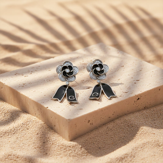 Black Enamel Blossom Drop Earrings jewellery product view 1