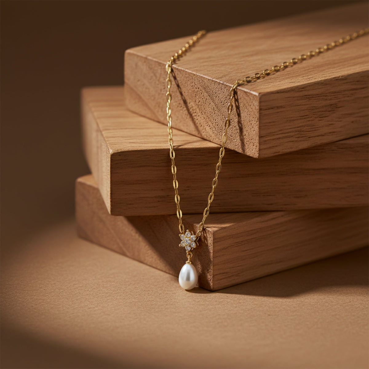 Floral Diamond Pearl Drop Gold Necklace jewellery product view 2