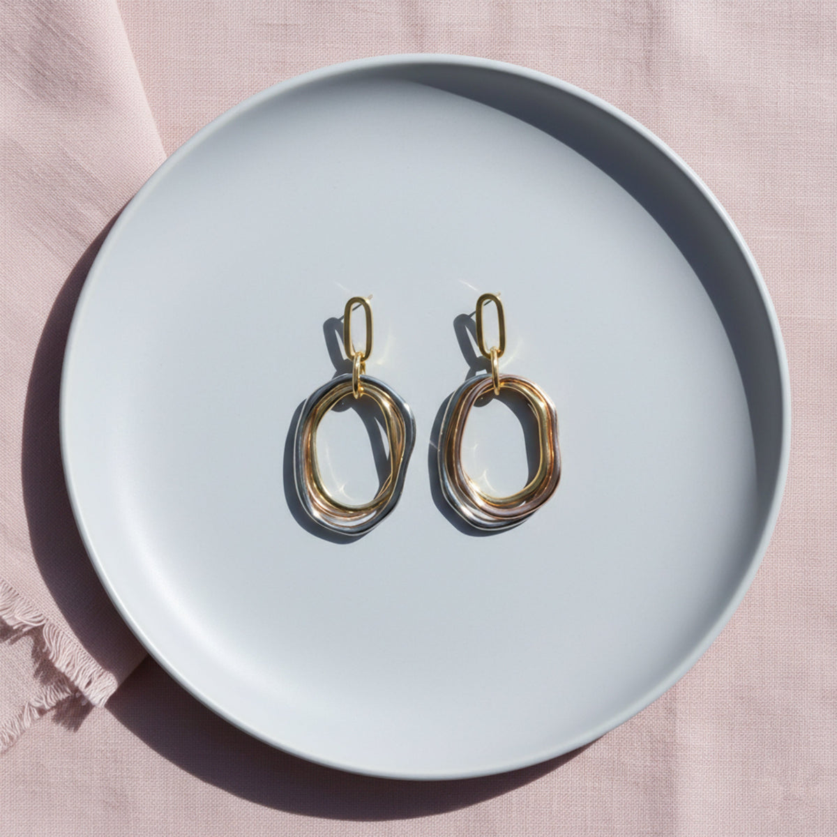 Tri-Tone Layered Oval Statement Earrings jewellery product view 4