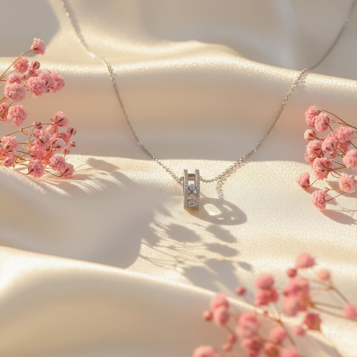 Elegant Silver Double Hoop Diamond Pendant Necklace jewellery product view 4