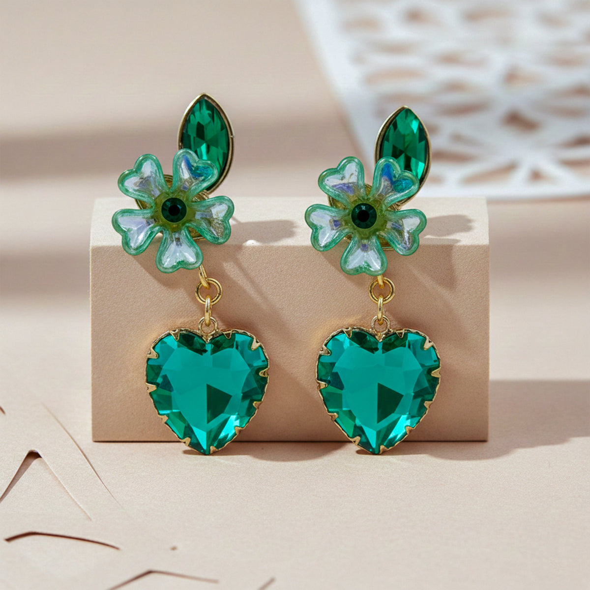 Green Luxe Floral Heart Earrings jewellery product view 5