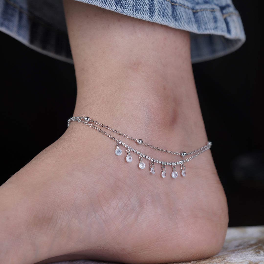 Dainty Crystal Dangle Silver Anklet jewellery product view 4