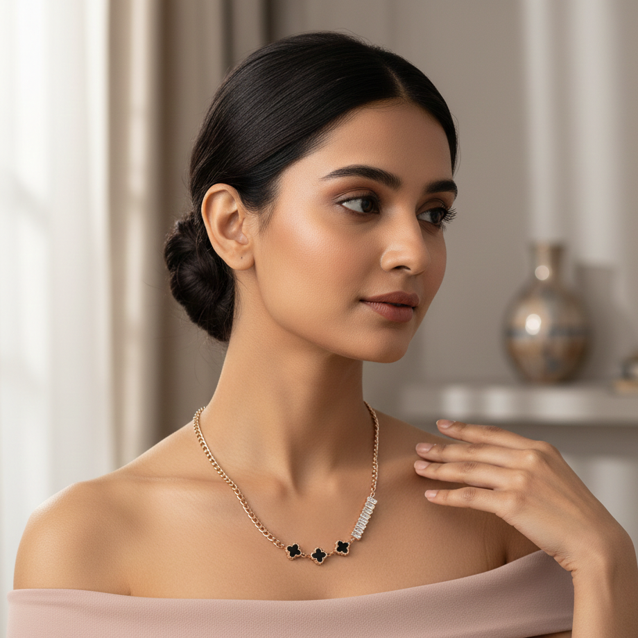 Clover Black Necklace jewellery product view 4