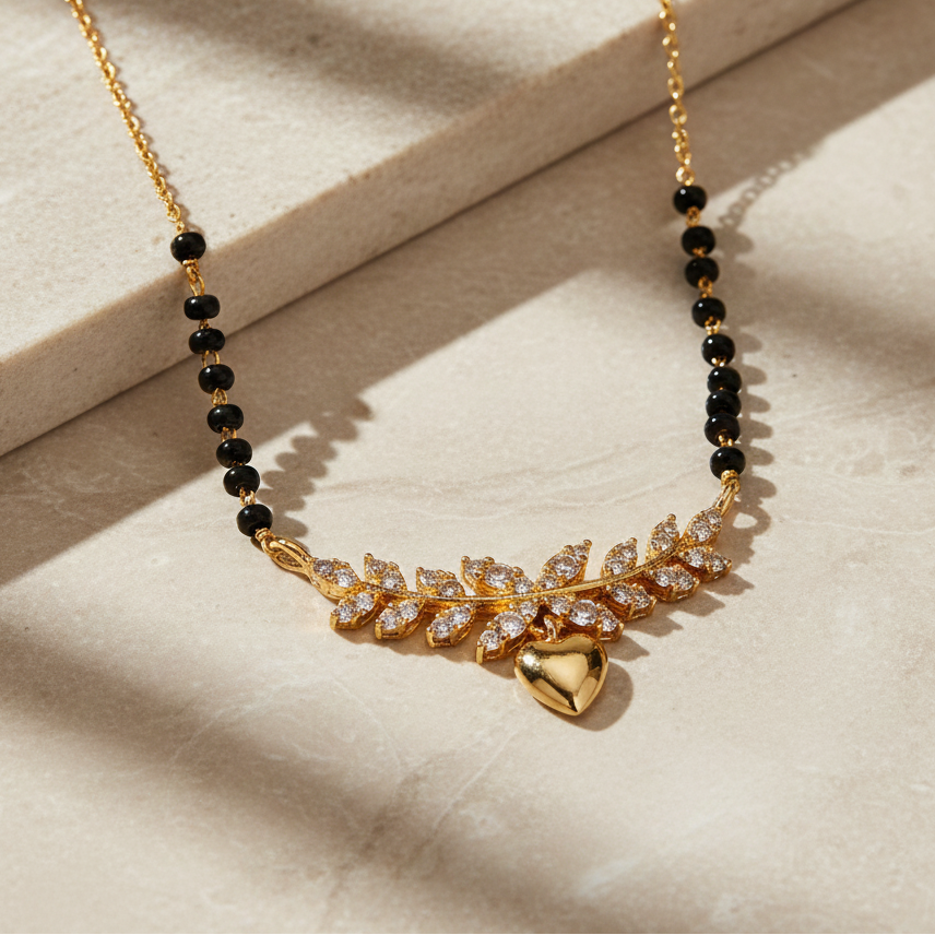 Gold necklace with black beads and a heart pendant on a beige surface