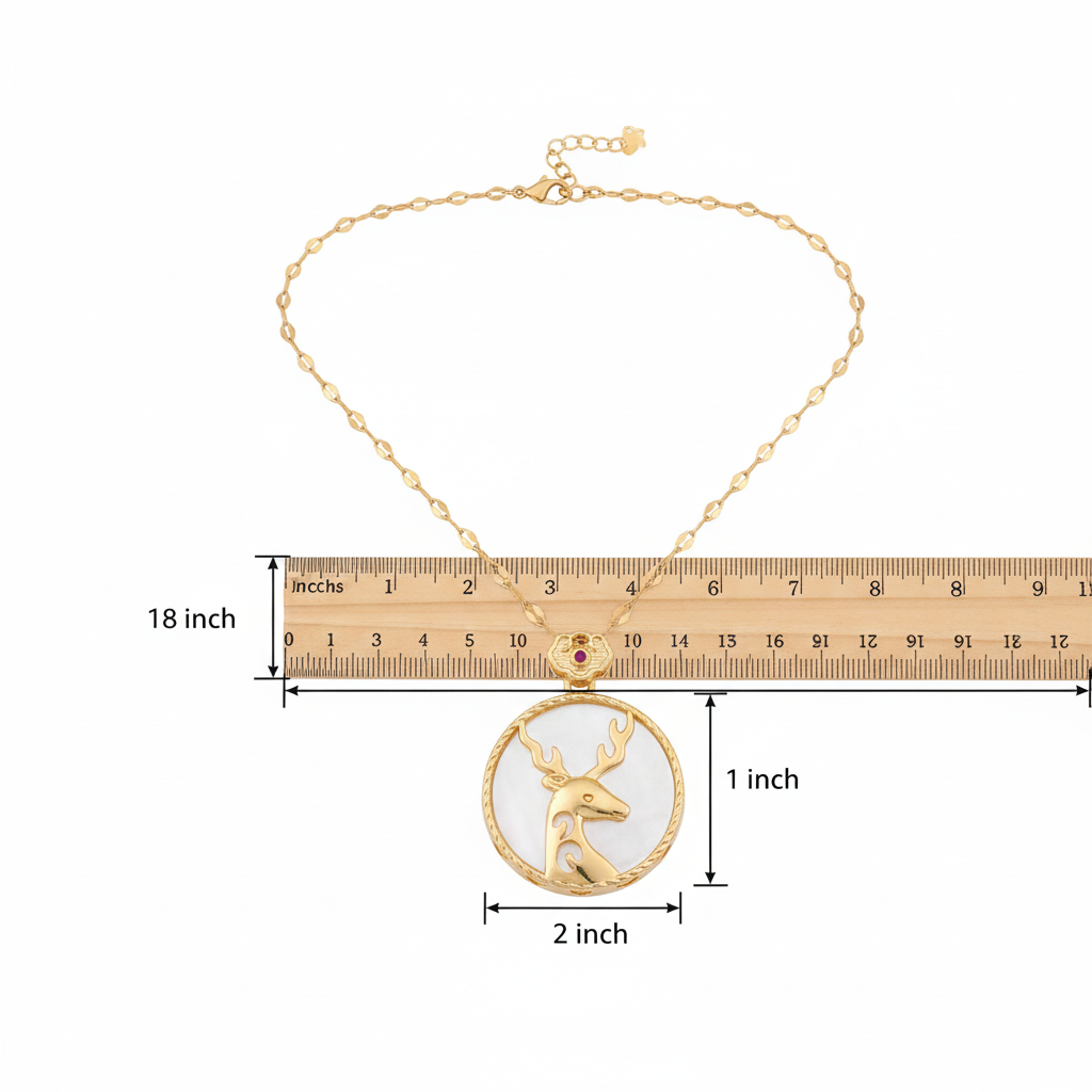 Gold necklace with a deer pendant, shown with measurements against a ruler on a white background.