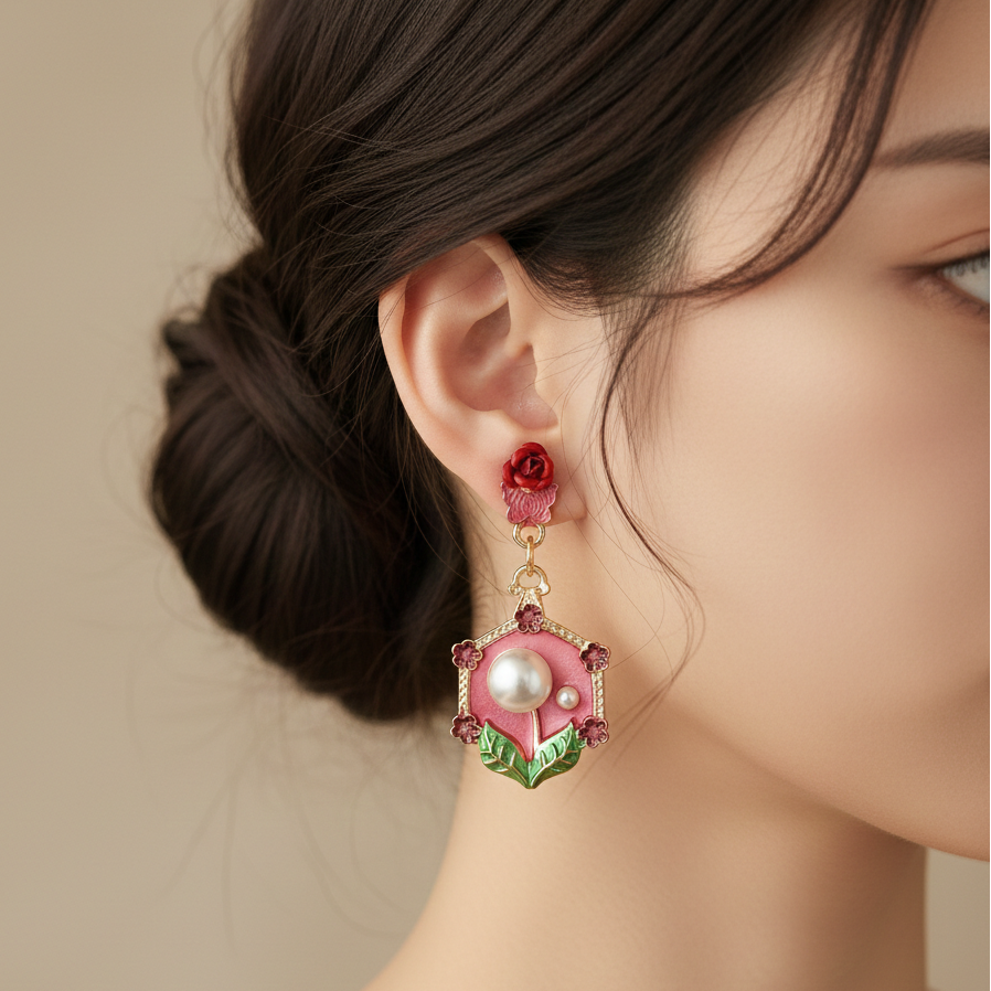 Rose Pearl Hexa Drops Earrings jewellery product view 3