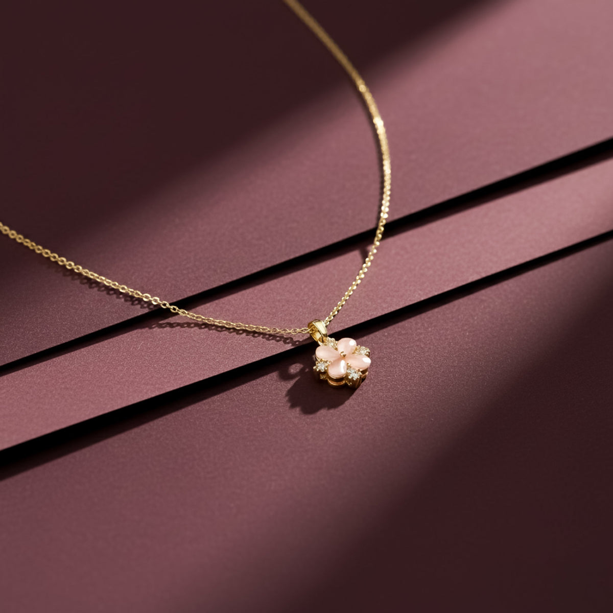 Delicate Pink Floral Charm Gold Necklace jewellery product view 1