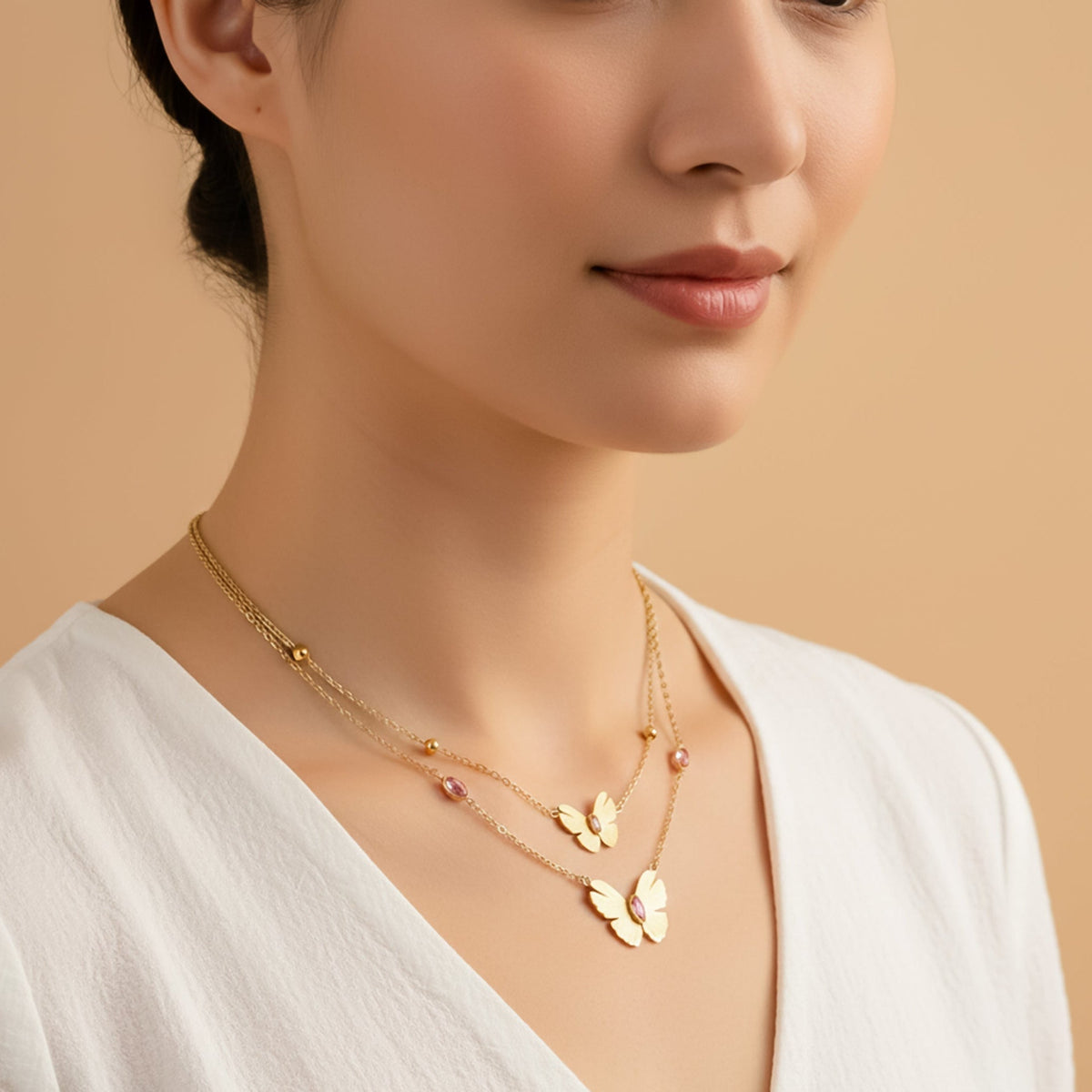 Luxe Pink Crystal Butterfly Necklace jewellery product view 2